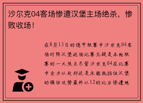 沙尔克04客场惨遭汉堡主场绝杀，惨败收场！